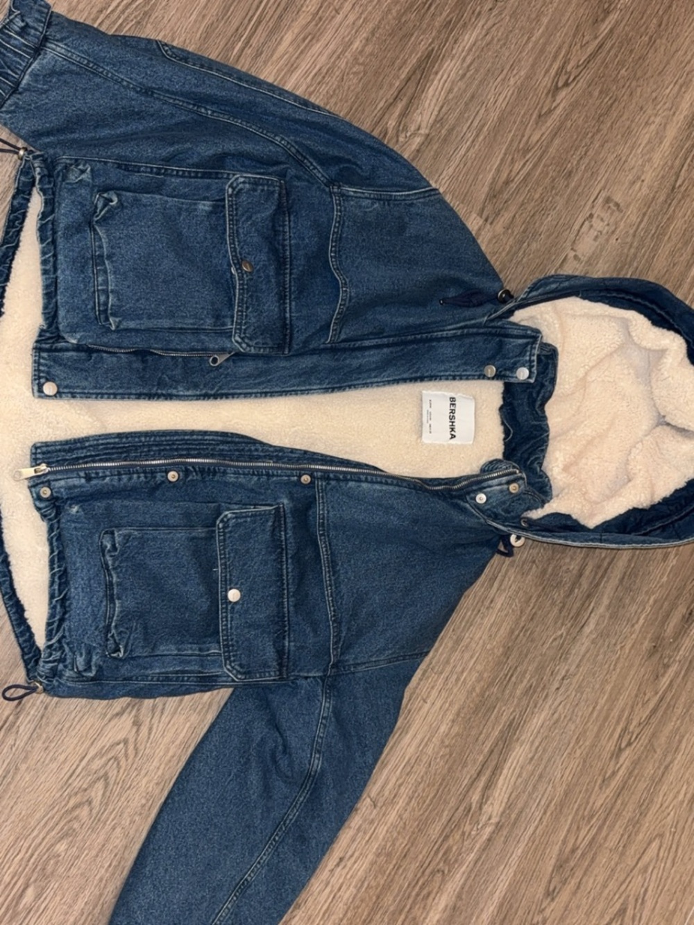 Bershka Navy Denim Jacket with Cream Sherpa Hood